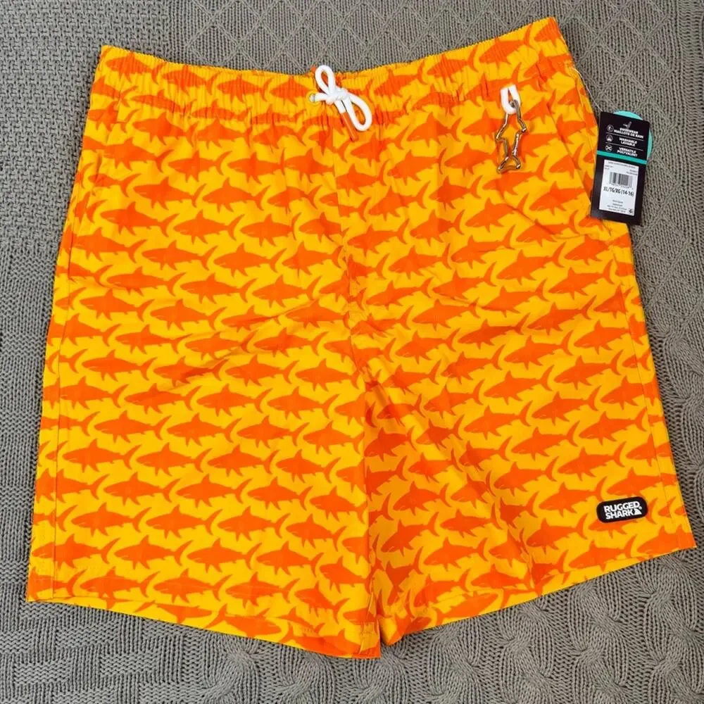 NWT Rugged Shark Orange Swim Shorts/Trunks with Shark Pattern 14/16